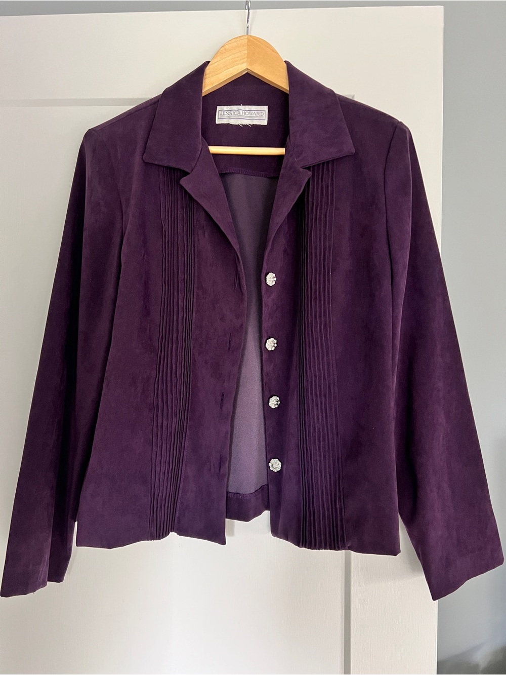 Jessica Howard Deep Plum Suede-Style Pintuck Blazer with Crystal Buttons